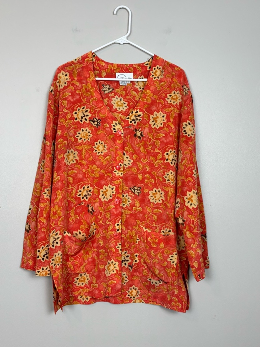 Vintage Papaggallo Top Womens 12 Silk Floral Whimsical Button Up in Coral Golden